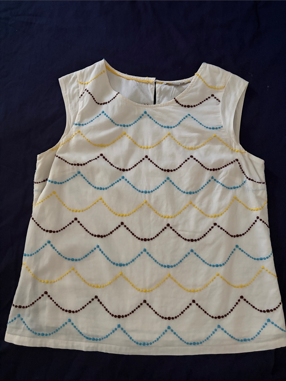 Boden Cream Scallop Embroidered Tank with Blue, Yellow & Brown Accents